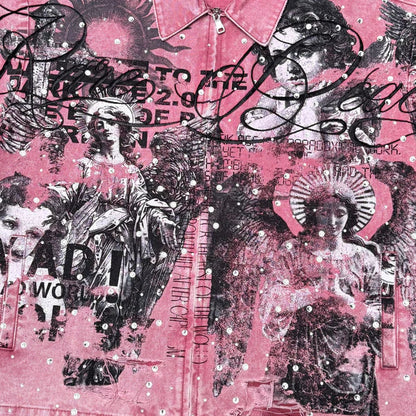 Dust pink RARE PEACE digital print collar zip-up jacket with rhinestones, featuring a cropped design and zip closure.