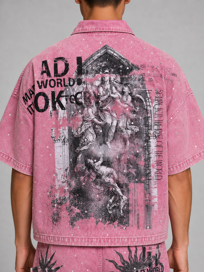 Dust pink Rare Peace 'It's OK to Cry' digital print collar zip-up with rhinestone accents, cropped design, and collar detail.