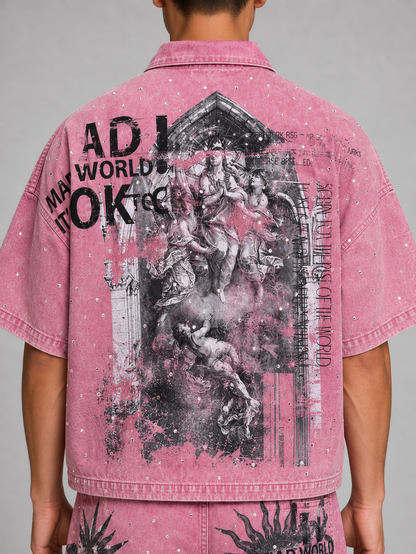 Dust pink Rare Peace 'It's OK to Cry' digital print collar zip-up with rhinestone accents, cropped design, and collar detail.
