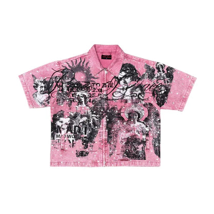 Dust pink RARE PEACE 'It's OK to Cry' digital print collar zip-up with rhinestone accents, cropped style, front zipper, and collar detail.