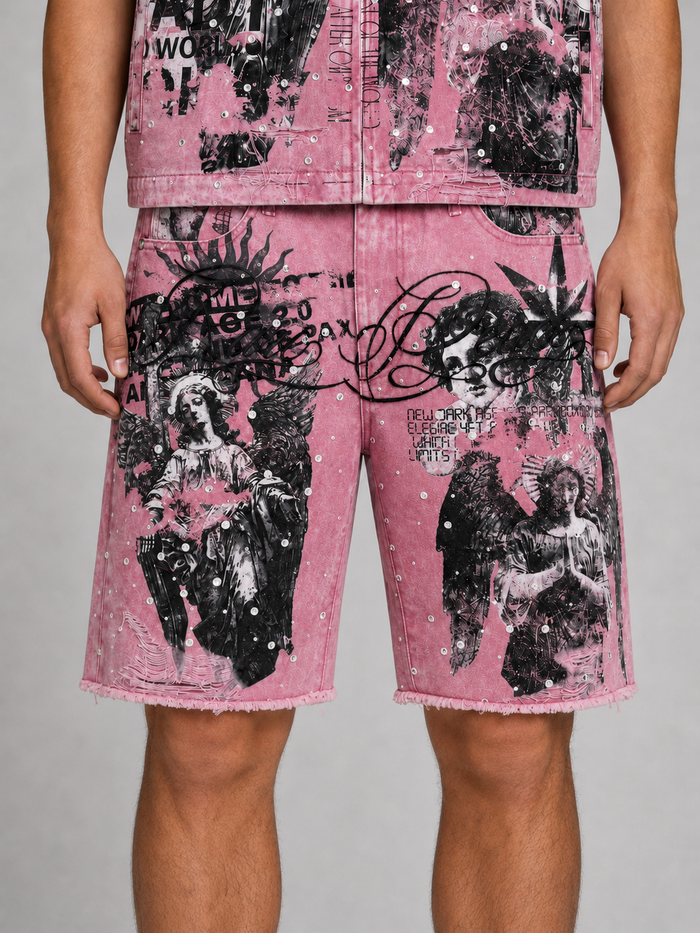 Dust pink denim shorts by Rare Peace featuring digital print and rhinestone embellishments, labeled "It's ok to cry."