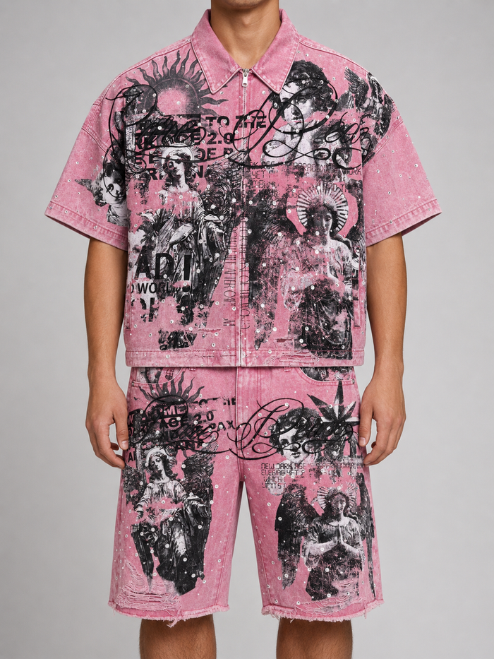Rare Peace Dust Pink denim shorts with digital print and rhinestones, featuring an "It's ok to cry" design.