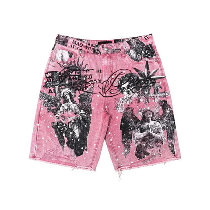 Dust pink denim shorts by Rare Peace featuring a digital print with rhinestones and the message "It's ok to cry" on the front.