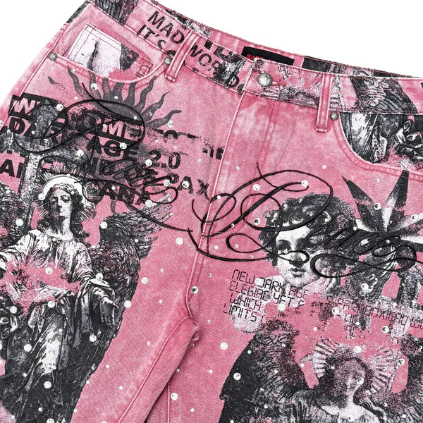 Dust pink denim shorts by Rare Peace with rhinestone embellishments and "It's ok to cry" digital print, casual and stylish.