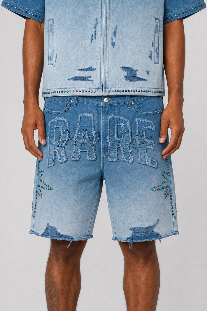 Rare Peace denim shorts with rhinestone patches and distressed details, featuring a rare self patch design in MD. Tint style.