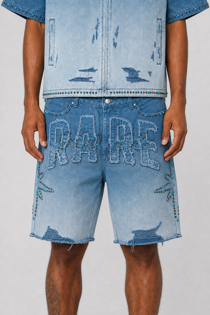 Rare Peace denim shorts with rhinestone patches and distressed details, featuring a rare self patch design in MD. Tint style.