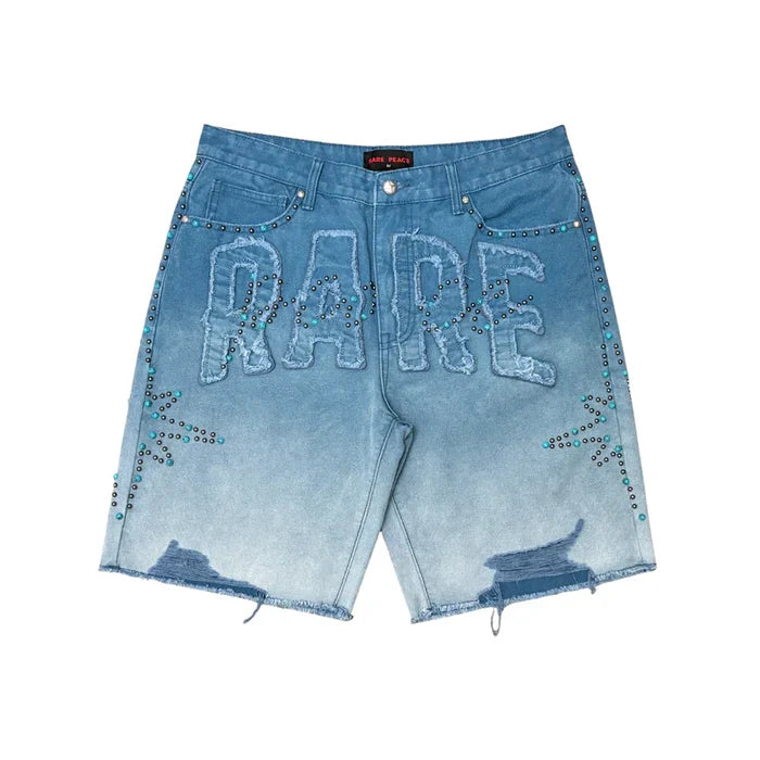 Rare Peace rhinestone denim shorts with self patch, featuring distressed details and a trendy MD tint finish.