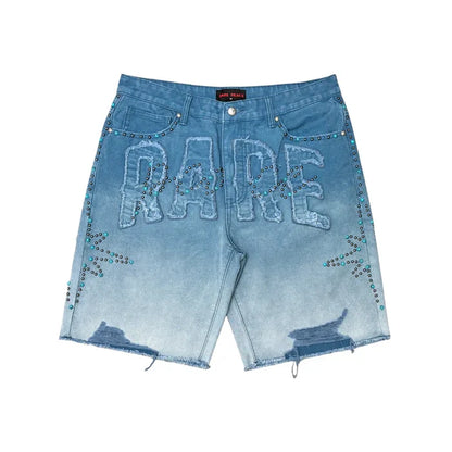 Rare Peace rhinestone denim shorts with self patch, featuring distressed details and a trendy MD tint finish.