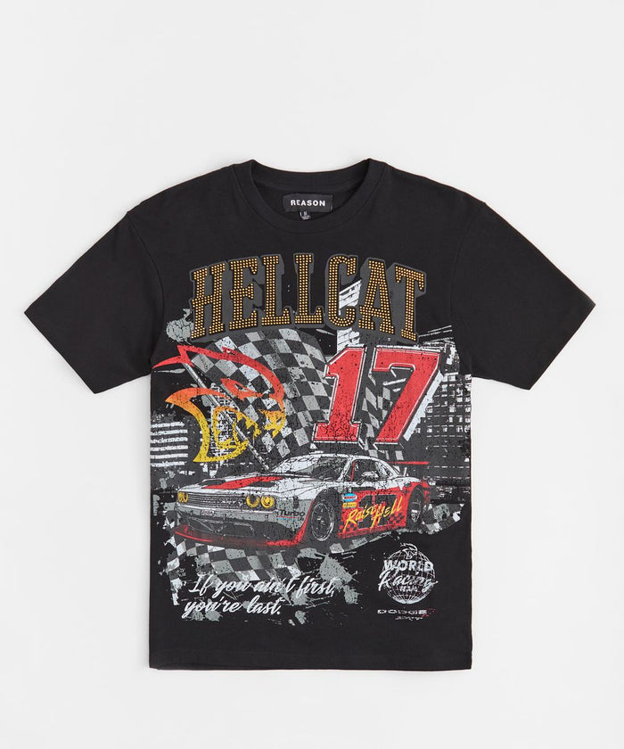 Black Reason 'HELLCAT' T-shirt with bold graphic design, made from soft cotton, featuring the REASON brand logo.