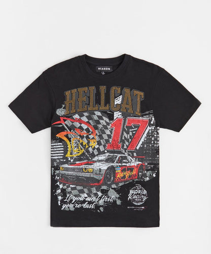 Black Reason 'HELLCAT' T-shirt with bold graphic design, made from soft cotton, featuring the REASON brand logo.