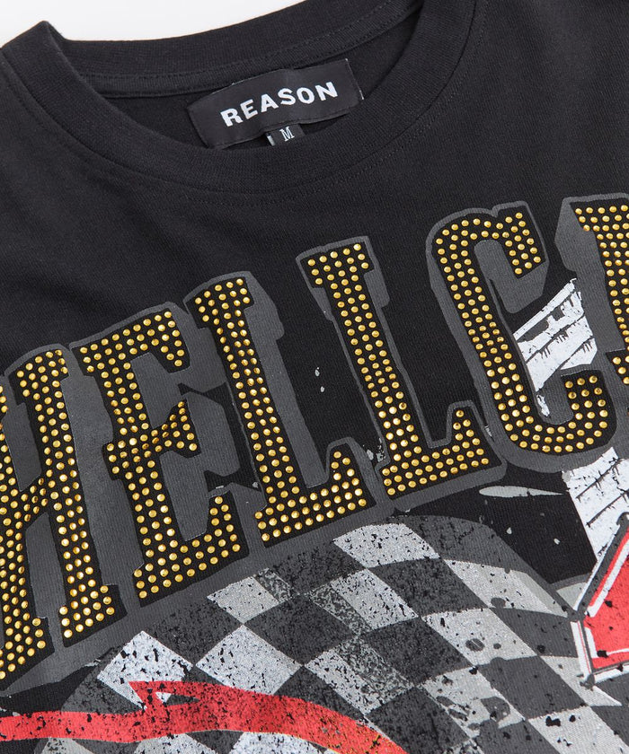 Black Reason "HELLCAT" T-shirt featuring bold graphic design, casual fit, and comfortable cotton fabric.