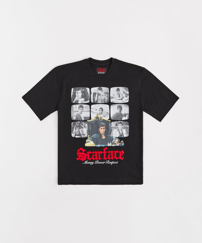 Black Reason Scarface Money Power Respect T-Shirt with bold graphic design and classic fit, casual streetwear style.