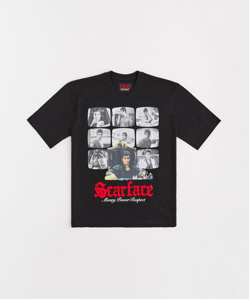 Black Reason Scarface Money Power Respect T-Shirt with bold graphic design and classic fit, casual streetwear style.