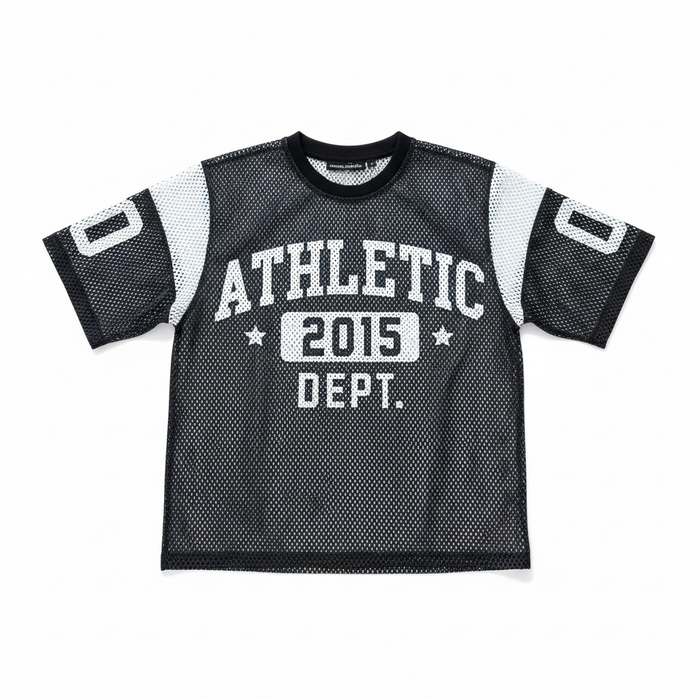 Black Rebel Minds Athletic Dept mesh cropped T-shirt with breathable fabric and athletic fit, shown on a model.