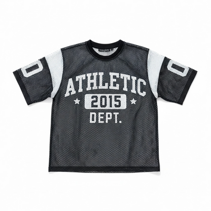 Black Rebel Minds Athletic Dept mesh cropped T-shirt with breathable fabric and athletic fit, shown on a model.