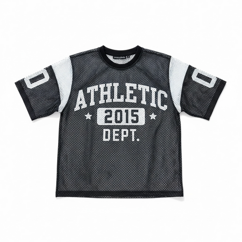 Black Rebel Minds Athletic Dept mesh cropped T-shirt with breathable fabric and athletic fit, shown on a model.