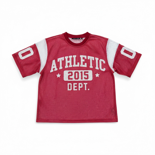 Red Rebel Minds Athletic Dept mesh cropped T-shirt with breathable fabric and athletic fit, shown on a model.