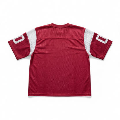 Red Rebel Minds Athletic Dept mesh cropped T-shirt with athletic fit and breathable fabric, front view.