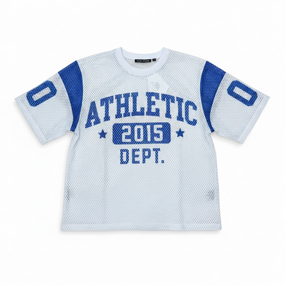 White Rebel Minds Athletic Dept mesh cropped T-shirt with breathable fabric and sporty design, perfect for active wear.