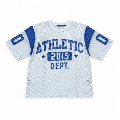 White Rebel Minds Athletic Dept mesh cropped T-shirt with breathable fabric and sporty design, perfect for active wear.