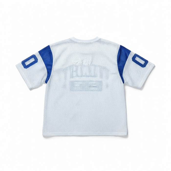 Rebel Minds Athletic Dept mesh cropped T-shirt in white, featuring breathable fabric and sporty design for active wear.