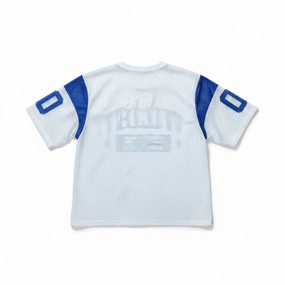 Rebel Minds Athletic Dept mesh cropped T-shirt in white, featuring breathable fabric and sporty design for active wear.