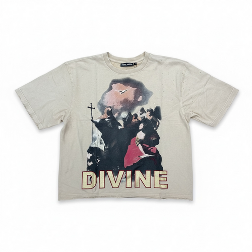 Beige Rebel Minds 'Divine' rhinestone cropped T-shirt with embroidered logo, short sleeves, and fitted style.