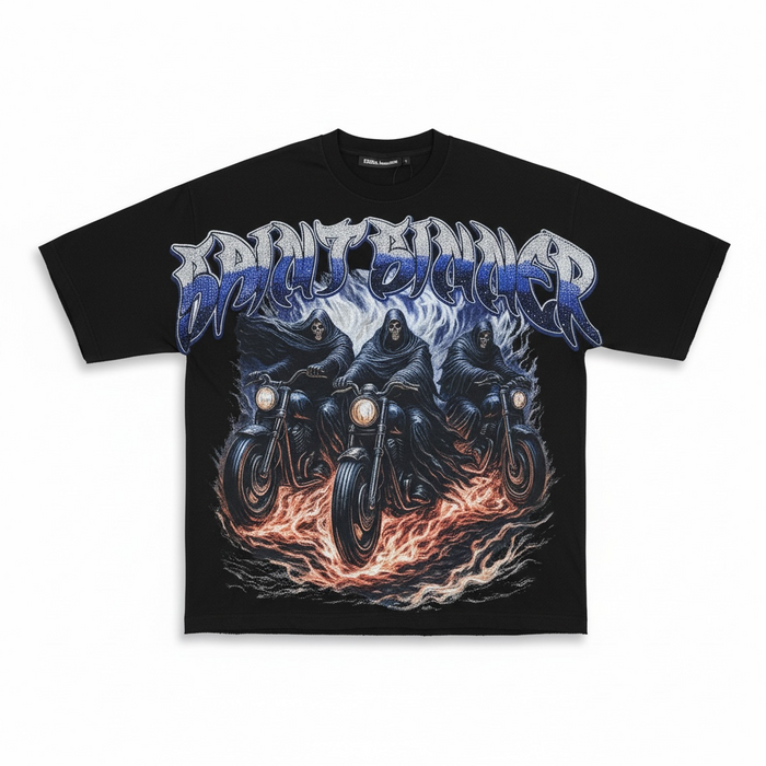 Black Rebel Minds Flame Bikes cropped T-shirt featuring bold graphic design on the front.