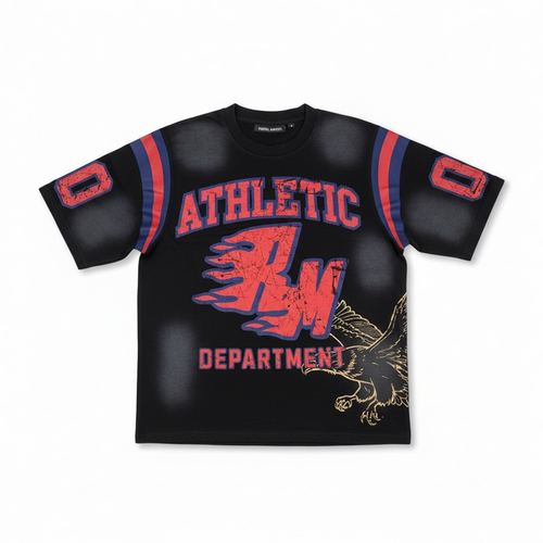 Black Rebel Minds Flaming RM jersey T-shirt with bold graphic design, short sleeves, and comfortable fit.