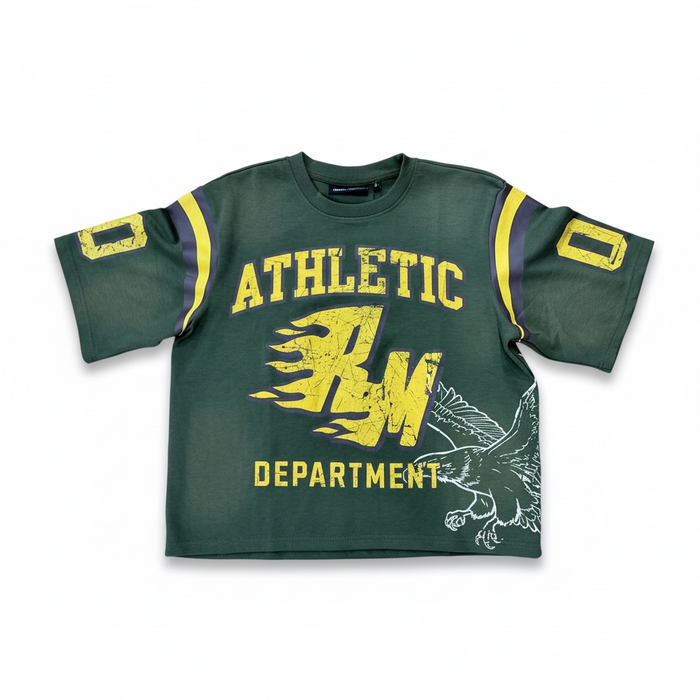 Rebel Minds Flaming RM olive jersey T-shirt with bold graphic print and classic crew neck design.