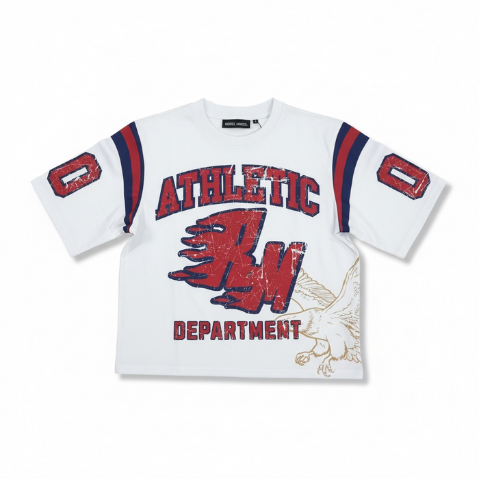 White Rebel Minds Flaming RM jersey T-shirt with bold flame graphic and crew neck, casual fit for everyday wear.