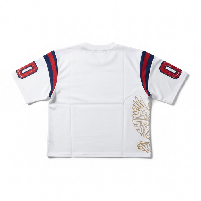 White Rebel Minds Flaming RM jersey T-shirt with graphic print and crew neckline, casual tee for everyday wear.