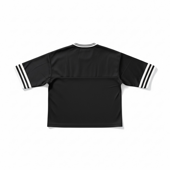 Black Rebel Minds Hockey cropped jersey T-shirt with logo and athletic fit, casual streetwear style.