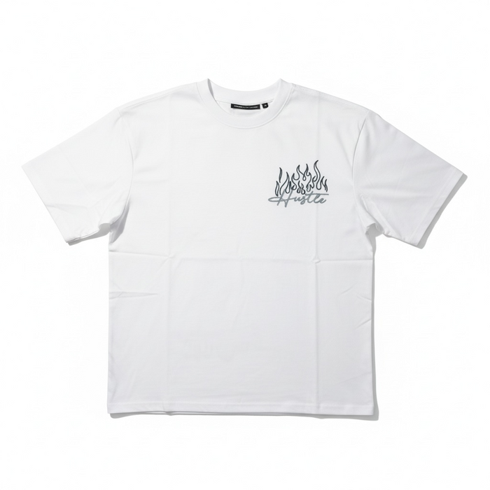 White Rebel Minds Hustle Puff Print T-Shirt with bold graphic design on the front, casual fit, and soft cotton fabric.