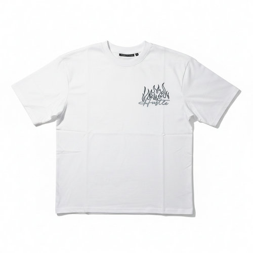 White Rebel Minds Hustle Puff Print T-Shirt with bold graphic design on the front, casual fit, and soft cotton fabric.