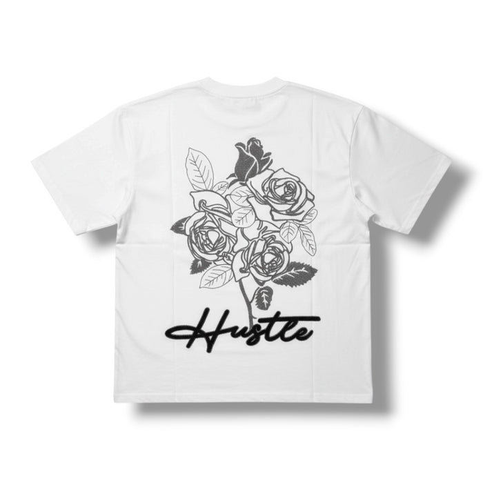 Rebel Minds Hustle Puff Print white T-shirt with graphic design on front, casual fit, short sleeves, and crew neck.
