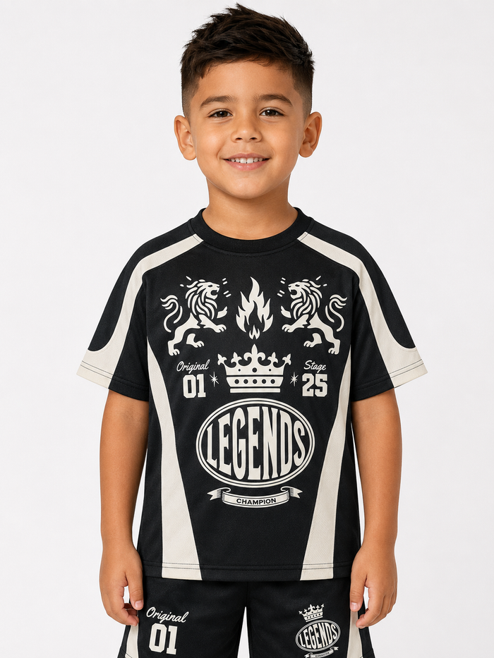 Rebel Minds Kids Crown Legends black air mesh jersey T-shirt with bold graphic design and breathable fabric for active wear.