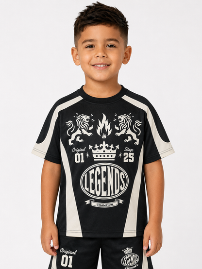 Rebel Minds Kids Crown Legends black air mesh jersey T-shirt with bold graphic design and breathable fabric for active wear.