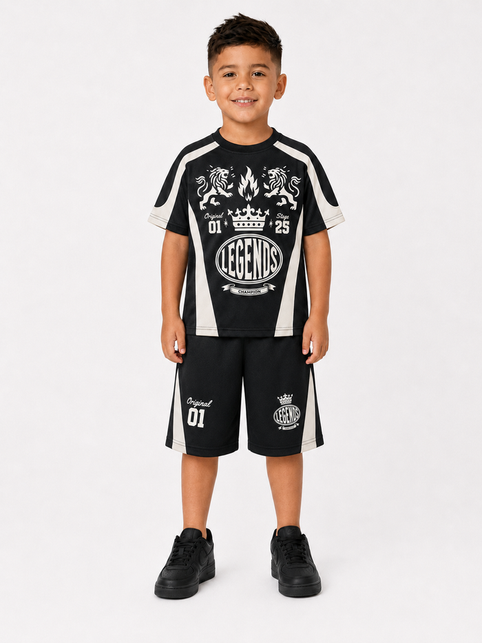 Rebel Minds kids' black Crown Legends air mesh jersey T-shirt with breathable fabric and graphic design.