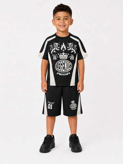 Rebel Minds kids' black Crown Legends air mesh jersey T-shirt with breathable fabric and graphic design.