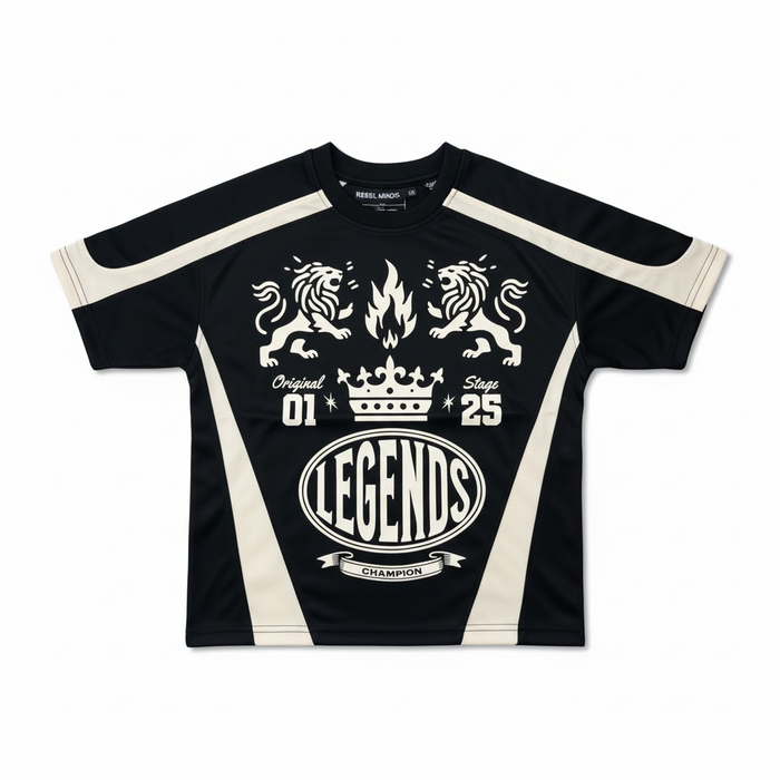 Black Rebel Minds Kids Crown Legends Air Mesh Jersey T-shirt featuring a printed crown logo and breathable mesh fabric.
