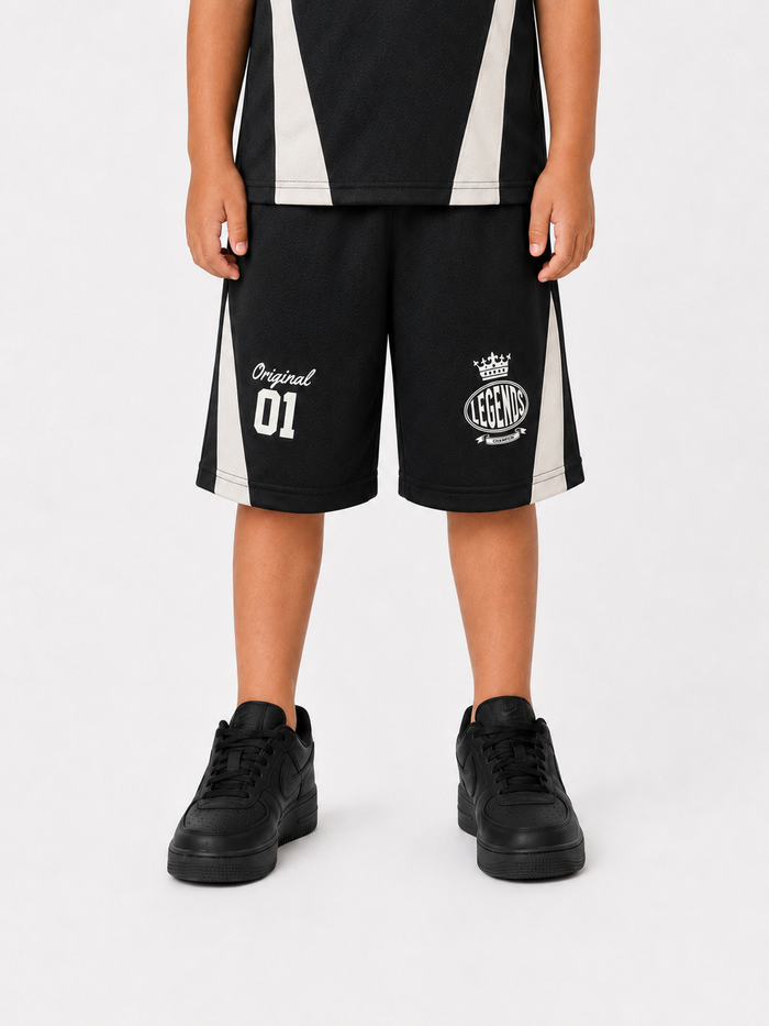 Black Rebel Minds kids' Crown Legends air mesh shorts with logo details, designed for comfortable active wear.
