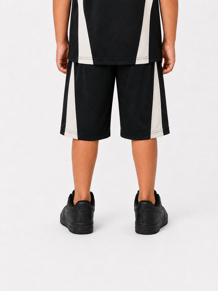 Black Rebel Minds Kids Crown Legends air mesh shorts with elastic waistband and breathable fabric for active wear.