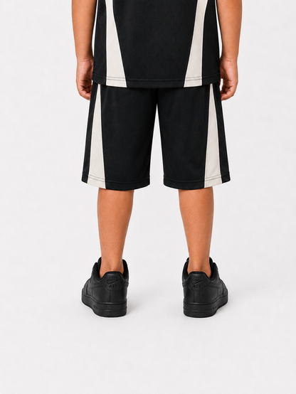 Black Rebel Minds Kids Crown Legends air mesh shorts with elastic waistband and breathable fabric for active wear.