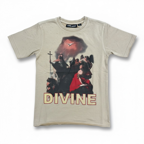 Beige Rebel Minds Kids 'Divine' cropped T-shirt with short sleeves and graphic design, casual and comfortable for children.