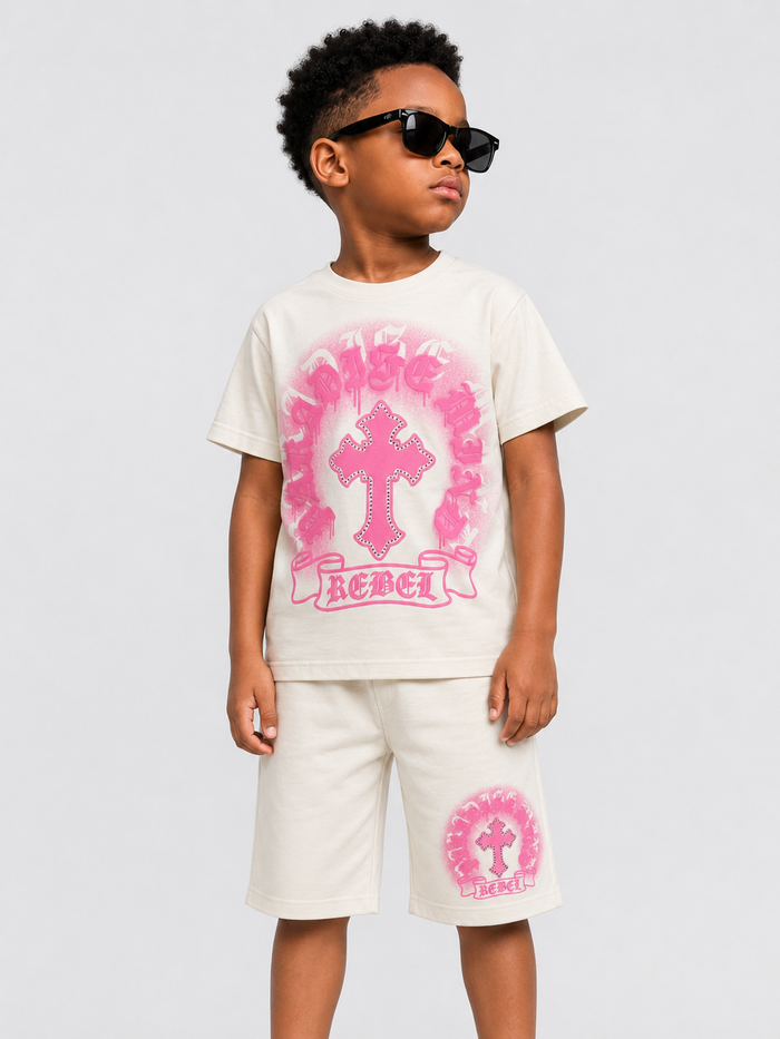 Cream Rebel Minds Kids Paradise T-shirt with colorful graphic design, soft fabric, and a comfortable fit for children.