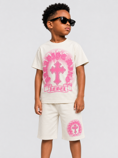 Cream Rebel Minds Kids Paradise T-shirt with colorful graphic design, soft fabric, and a comfortable fit for children.