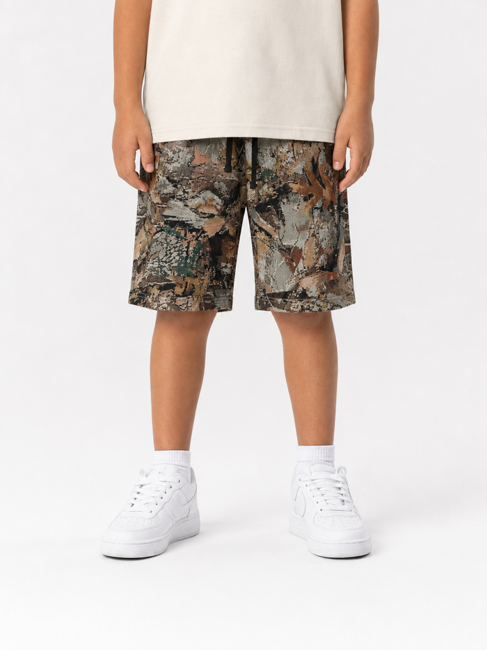 Rebel Minds Kids 'Paradise' camouflage tapestry shorts, stylish and comfortable kids' shorts with a vibrant camo pattern.
