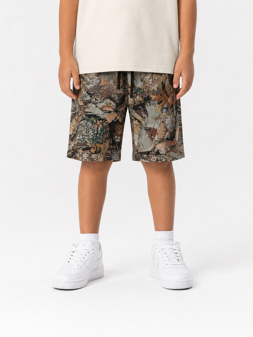 Rebel Minds Kids 'Paradise' camouflage tapestry shorts, stylish and comfortable kids' shorts with a vibrant camo pattern.
