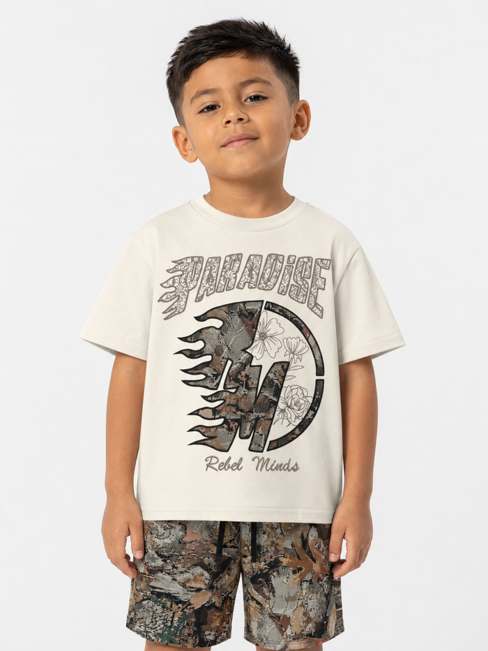 Rebel Minds Kids Paradise tapestry T-shirt in cream, featuring colorful graphic design on soft cotton fabric for children.
